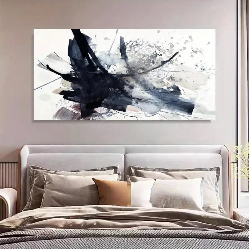 Modern Abstract Splash Black & White Wall Art Canvas Office Home Room Framed 120x60cm