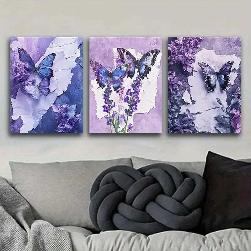 3pcs Set, Butterfly and Floral Metal Print Ready to Hang Art
