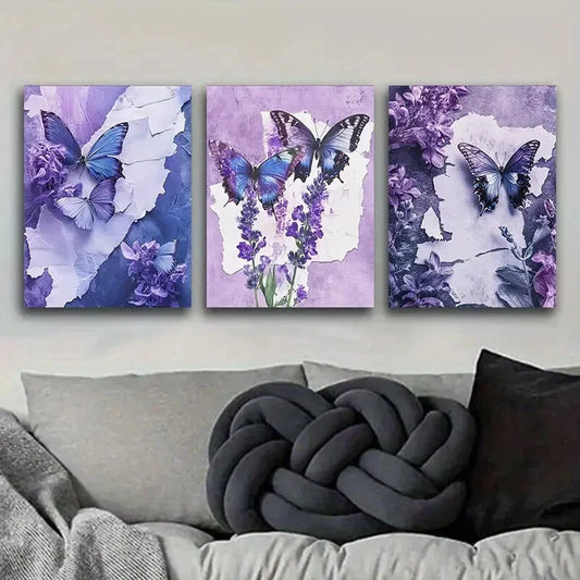 3pcs Set, Butterfly and Floral Metal Print Ready to Hang Art