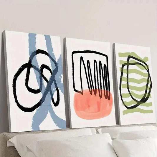 3pcs Abstract Black Blue Red Green Line Drawing Wall Art Set Canvas Framed 40x60cm - High Quality Print 100% Australian Made Wall Canvas Ready to Hang