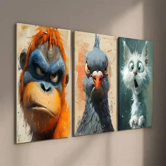 3pcs Angry Orangutan Pigeon and Surprised Cat Wall Art Set Canvas Framed 40x60cm - High Quality Print 100% Australian Made Wall Canvas Ready to Hang