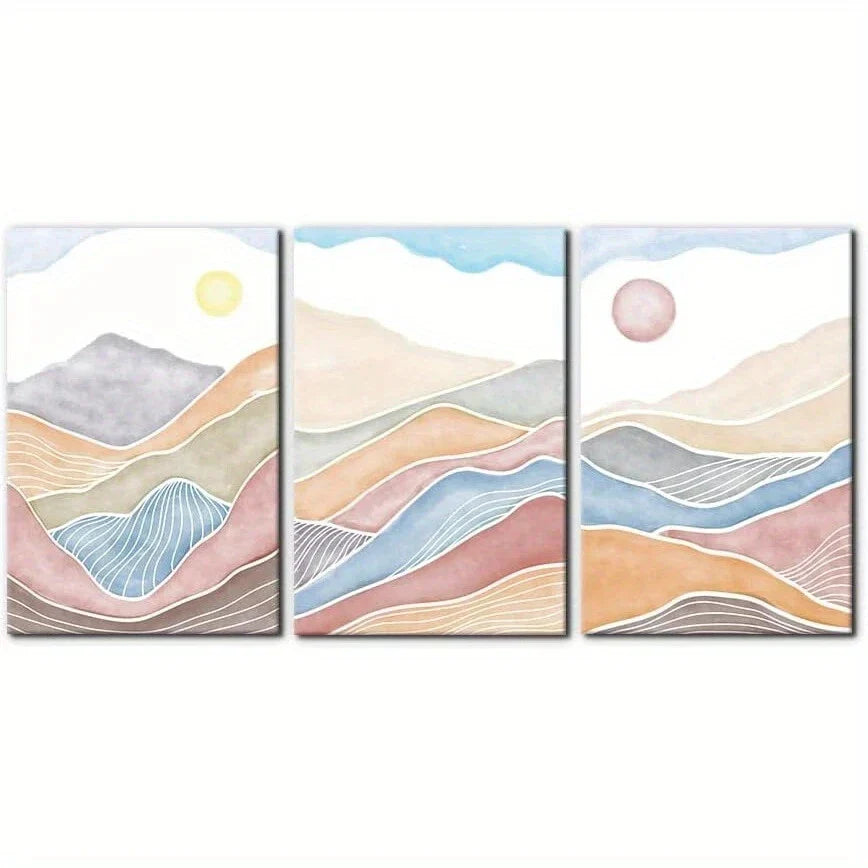 3pcs Mountain Sunrise and Sunset Abstract Marbling Metal Print Ready to Hang Art