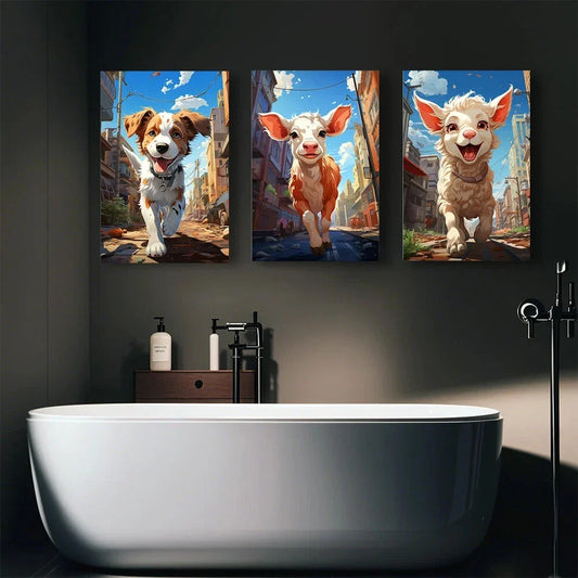 3pcs Whimsical Animal Blue Sky White Clouds Metal Print Ready to Hang Art