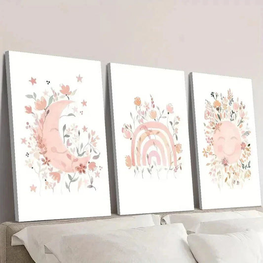 3pcs Moon Rainbow Sun Full of Flowers Wall Art Set Canvas Framed 40x60cm - High Quality Print 100% Australian Made Wall Canvas Ready to Hang