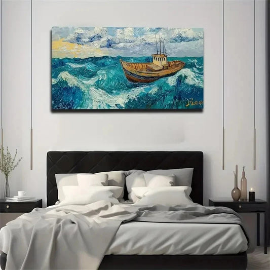 Majestic Giant Sea With Boat Wall Art Canvas Office Home Room Framed 80x45cm