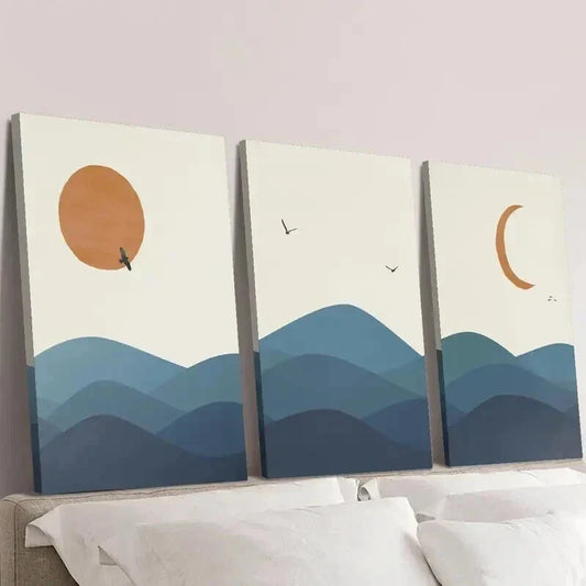 3pcs Birds Sunset Moon & Mountain Landscape Wall Art Set Canvas Framed 40x60cm - High Quality Print 100% Australian Made Wall Canvas Ready to Hang