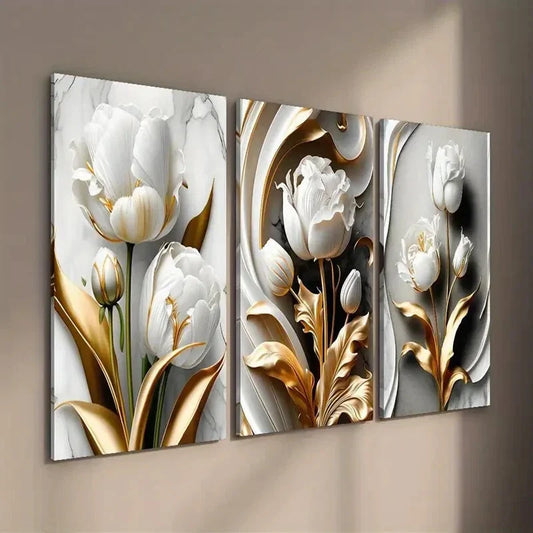 3pcs Golden & White Tulips with Marble Texture Wall Art Set Canvas Framed 40x60cm - High Quality Print 100% Australian Made Wall Canvas Ready to Hang