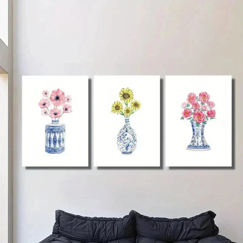 3pcs Chinese Style Blue and White Porcelain Vase Wall Art Set Canvas Framed 40x60cm - High Quality Print 100% Australian Made Wall Canvas Ready to Hang