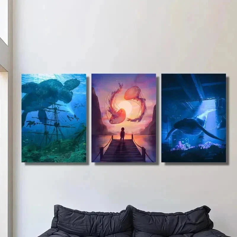3pcs Giant Jellyfish Dolphin & Turtle Wall Art Set Canvas Framed 40x60cm - High Quality Print 100% Australian Made Wall Canvas Ready to Hang