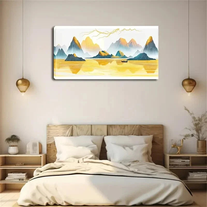 Golden Lake Landscape Modern Wall Art Canvas Office Home Room Framed 120x60cm