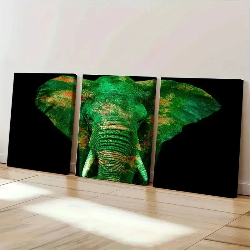 3pcs Green Elephant Watercolor Painting Wall Art Set Canvas Framed 40x60cm - High Quality Print 100% Australian Made Wall Canvas Ready to Hang