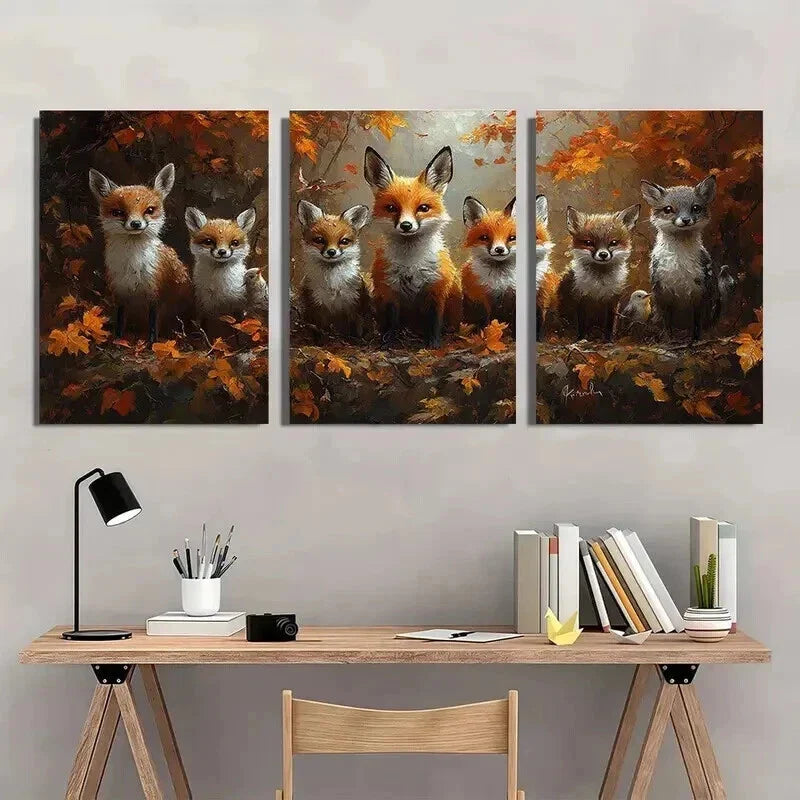 3pcs Fox Family in Vibrant Autumn Forest Wall Art Set Canvas Framed 40x60cm - High Quality Print 100% Australian Made Wall Canvas Ready to Hang