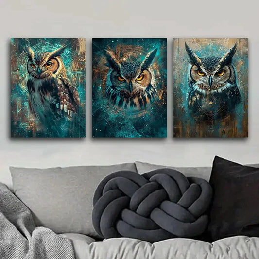 3pcs A mysterious owl Art Painting Metal Print Ready to Hang Art