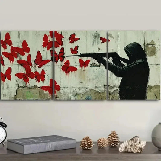 3pcs Red Butterflies & Gunman Red Dark Textile Wall Art Set Canvas Framed 40x60cm - High Quality Print 100% Australian Made Wall Canvas Ready to Hang