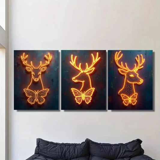 3pcs Elegant and Unique Neon Deer and Butterfly Metal Print Ready to Hang Art