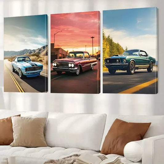 3pcs Retro Aesthetic Vintage Cars With Sunset Wall Art Set Canvas Framed 40x60cm - High Quality Print 100% Australian Made Wall Canvas Ready to Hang