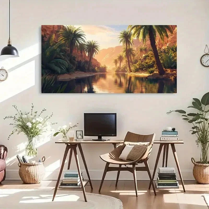 Palm Trees & River Reflections Wall Art Canvas Office Home Room Framed 120x60cm