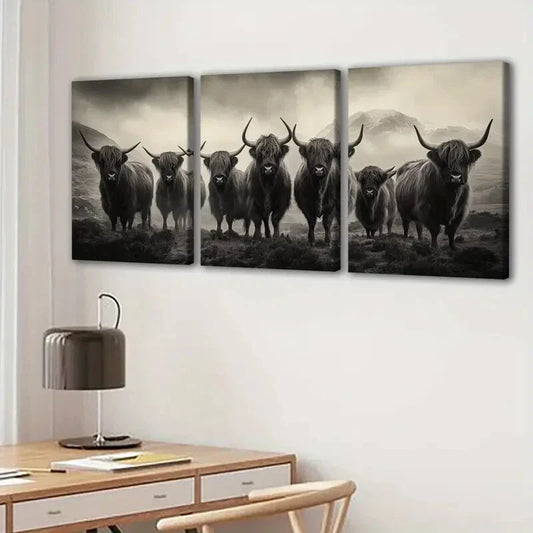 3pcs Animal Highland Cattle Gray White Cool Yaks Wall Art Set Canvas Framed 40x60cm - High Quality Print 100% Australian Made Wall Canvas Ready to Hang