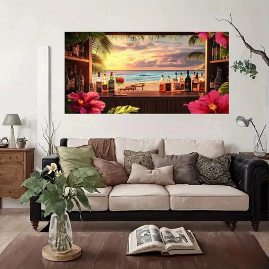 Tropical Sunset Beach Bar Wall Art Canvas Office Home Room Framed 80x45cm