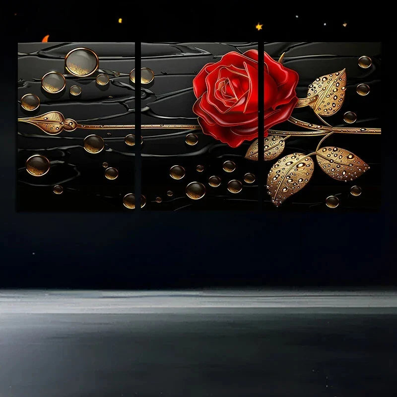 3pcs Roses Golden Leaves Drops Metal Print Ready to Hang Art