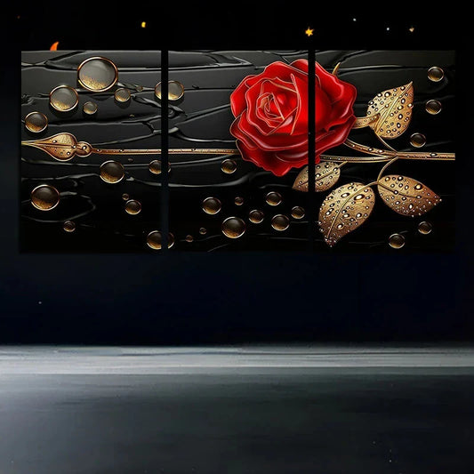 3pcs Roses Golden Leaves Drops Metal Print Ready to Hang Art