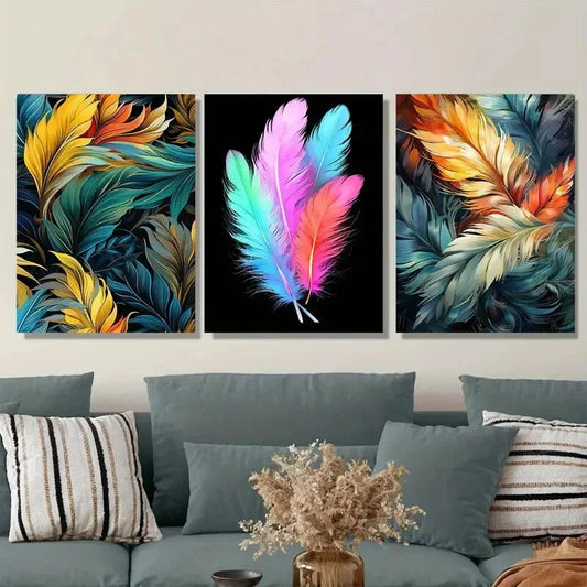 3pcs Vibrant Feather Triptych Modern Abstract Metal Print Ready to Hang Art