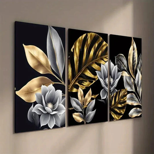 3pcs Golden Plant Leaves Floral Wall Art Set Canvas Framed 40x60cm - High Quality Print 100% Australian Made Wall Canvas Ready to Hang