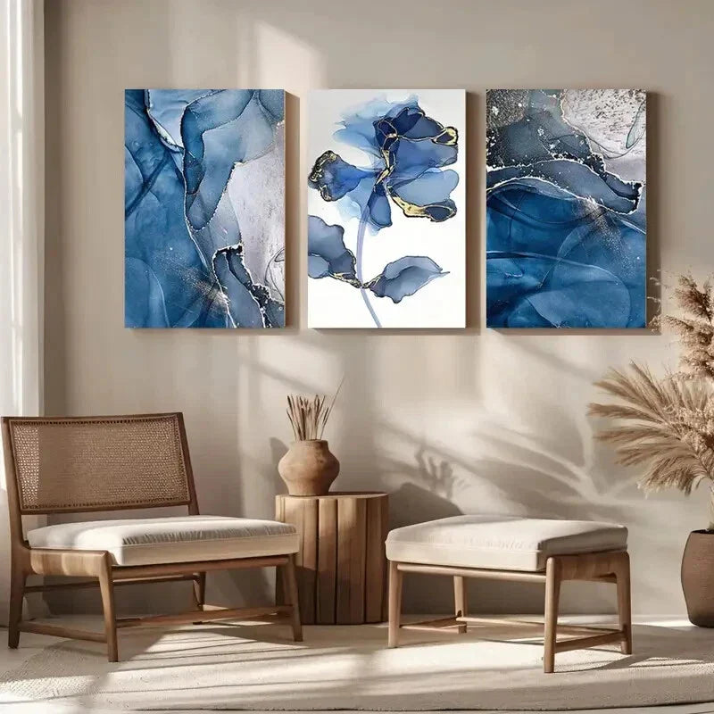 3pcs Abstract Blue Flower Golden Accents Metal Print Ready to Hang Art
