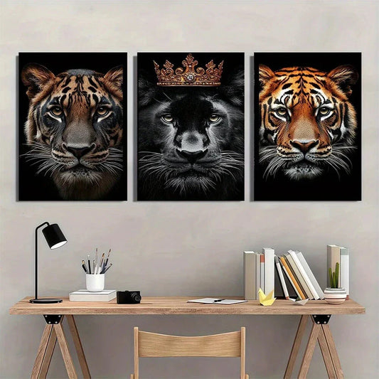 3pcs Majestic Lion & Tiger Ornate Crown Metal Print Ready to Hang Art