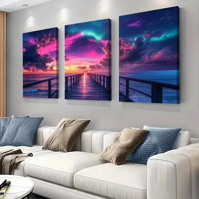 3pcs Colorful Vibrant Aurora Pier Triptych Wall Art Set Canvas Framed 40x60cm - High Quality Print 100% Australian Made Wall Canvas Ready to Hang