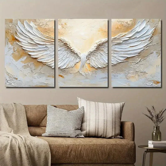 3pcs Golden & White Abstract Angel Wings Metal Print Ready to Hang Art