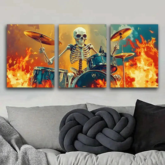 3pcs Featuring Skeletons Playing Drums, Metal Print Ready to Hang Art