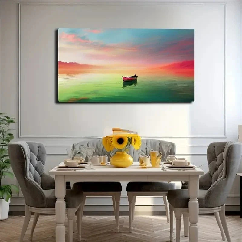 Lonely Boat Red Sky Wall Art Canvas Office Home Room Framed 80x45cm