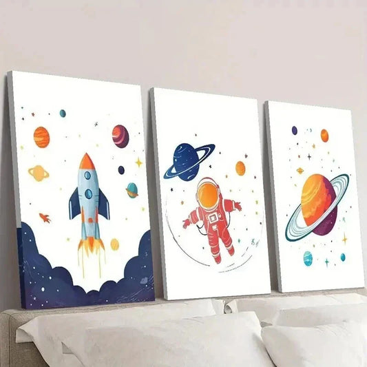 3pcs Astronaut With Rocket Floating in Space Wall Art Set Canvas Framed 40x60cm - High Quality Print 100% Australian Made Wall Canvas Ready to Hang