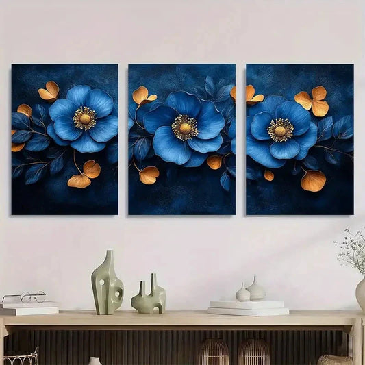 3pcs Vintage Scandinavian Blue Floral Metal Print Ready to Hang Art