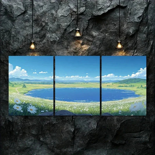 3pcs Serene Landscape with Blue Lake Perfect Wall Art Set Canvas Framed 40x60cm - High Quality Print 100% Australian Made Wall Canvas Ready to Hang