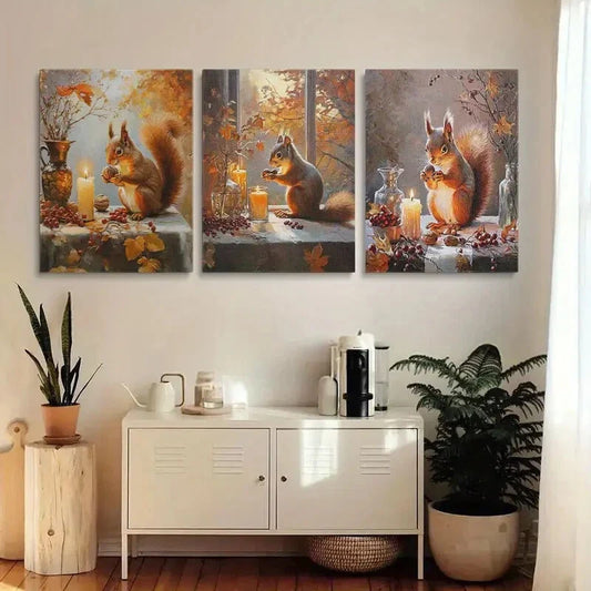 3pcs Cute Red Squirrel Eating Nuts in Autumn Metal Print Ready to Hang Art
