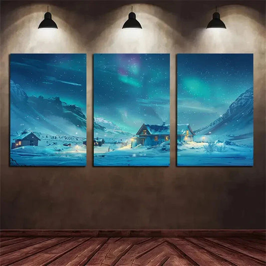 3pcs Northern Lights House Mountain Metal Print Ready to Hang Art