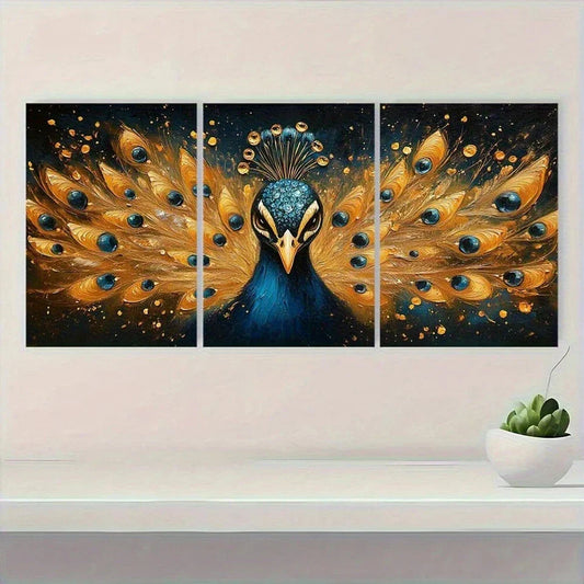 3pcs Elegant Golden Peacock Luxurious Metal Print Ready to Hang Art