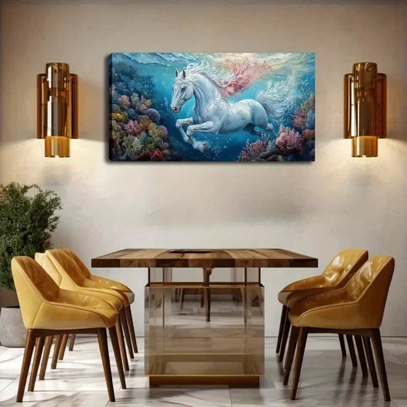 Majestic White Horse Underwater Wall Art Canvas Office Home Room Framed 120x60cm