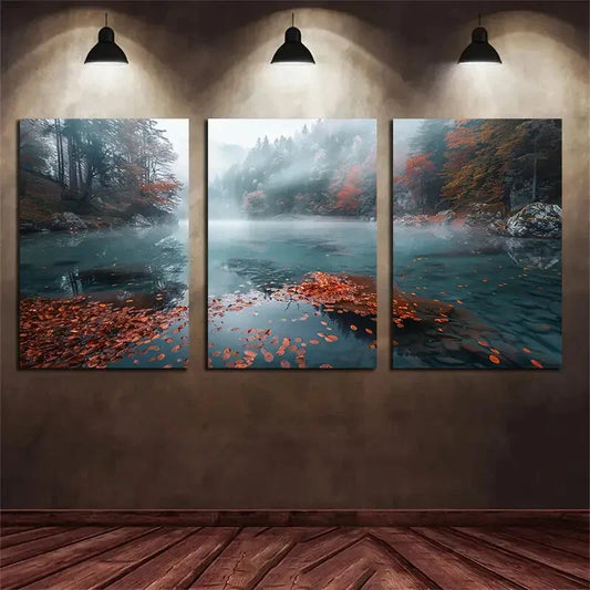 3pcs Beautiful Lake In The Center Autumn Forest Metal Print Ready to Hang Art