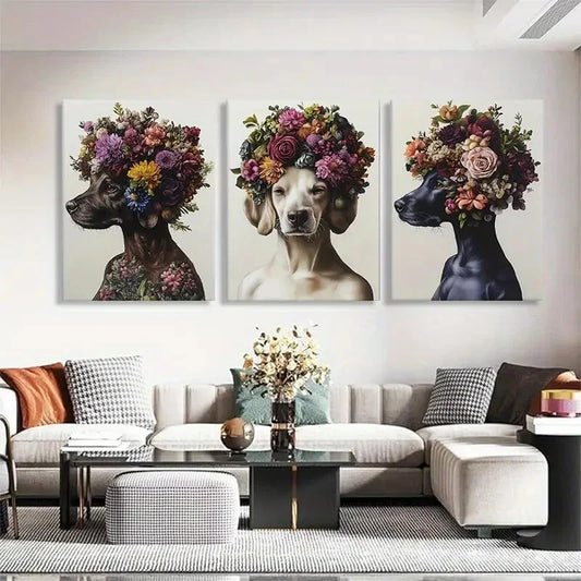 3pcs Floral Dog Portrait Crowns Adorable Perfect Wall Art Set Canvas Framed 40x60cm - High Quality Print 100% Australian Made Wall Canvas Ready to Hang