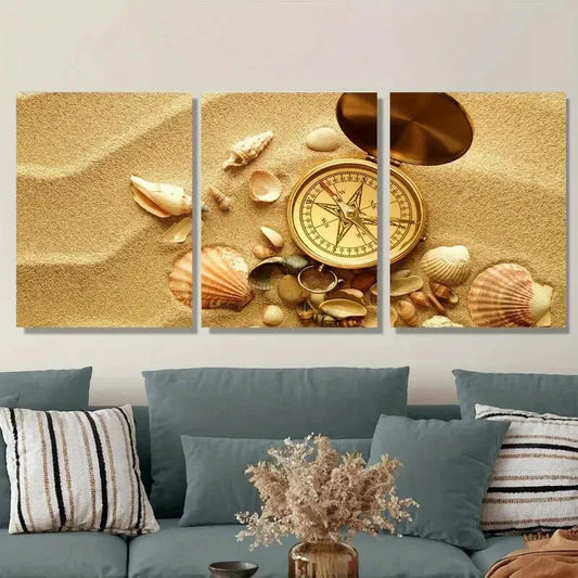 3pcs Golden Sand and Seashells Metal Print Ready to Hang Art