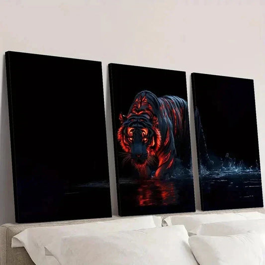 3pcs Stunning Fiery Tiger on Water Painting Wall Art Set Canvas Framed 40x60cm - High Quality Print 100% Australian Made Wall Canvas Ready to Hang