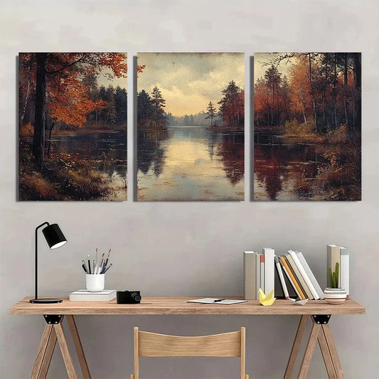 3pcs Vintage River Forest Autumn Trees Metal Print Ready to Hang Art