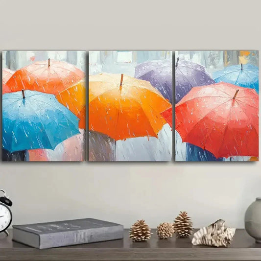 3pcs A Painting of Umbrellas in the Rain Perfect Wall Art Set Canvas Framed 40x60cm - High Quality Print 100% Australian Made Wall Canvas Ready to Hang