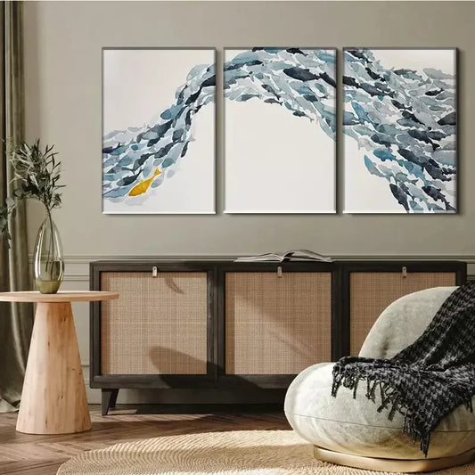 3pcs Abstract Shoal of Fish Triptych Wall Art Canvas Wall Art Set Canvas Framed 40x60cm - High Quality Print 100% Australian Made Wall Canvas Ready to Hang
