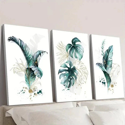 3pcs Golden Lines and Cyan Tropical Plants Wall Art Set Canvas Framed 40x60cm - High Quality Print 100% Australian Made Wall Canvas Ready to Hang
