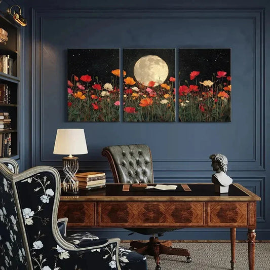 3pcs Moonlit Floral Garden Night Sky Full Moon Metal Print Ready to Hang Art