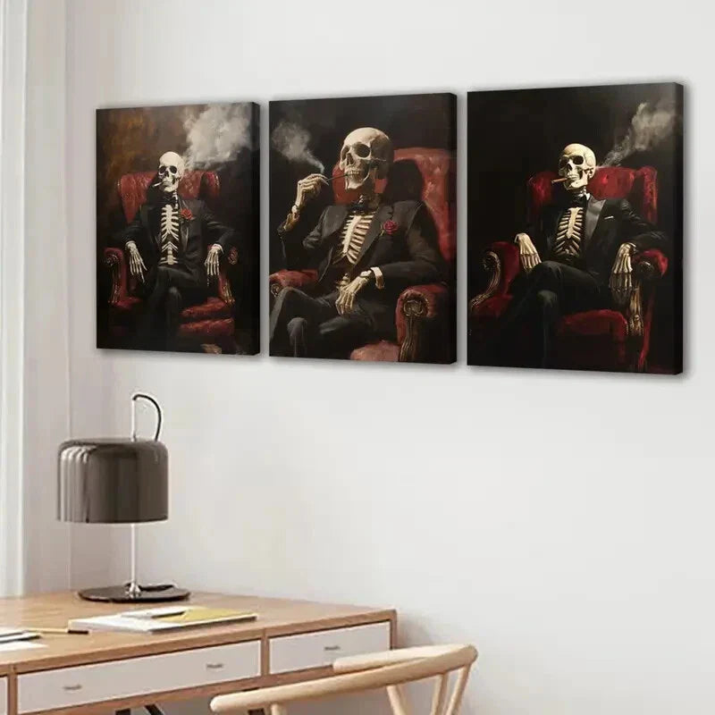 3pcs Abstract Smoking Skeleton Rose Black Chair Wall Art Set Canvas Framed 40x60cm - High Quality Print 100% Australian Made Wall Canvas Ready to Hang